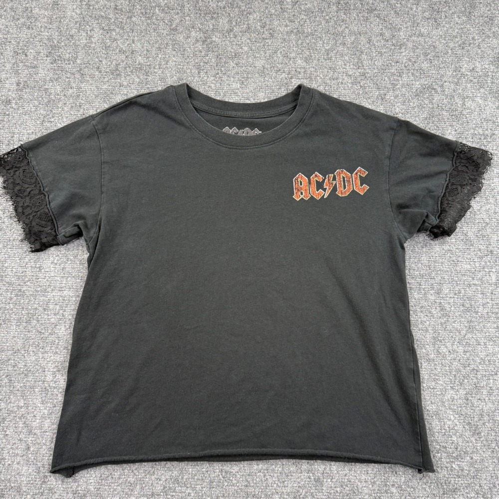 AC/DC Graphic T-Shirt Large Black Lace Sleeve 1980 North American Tour Womens